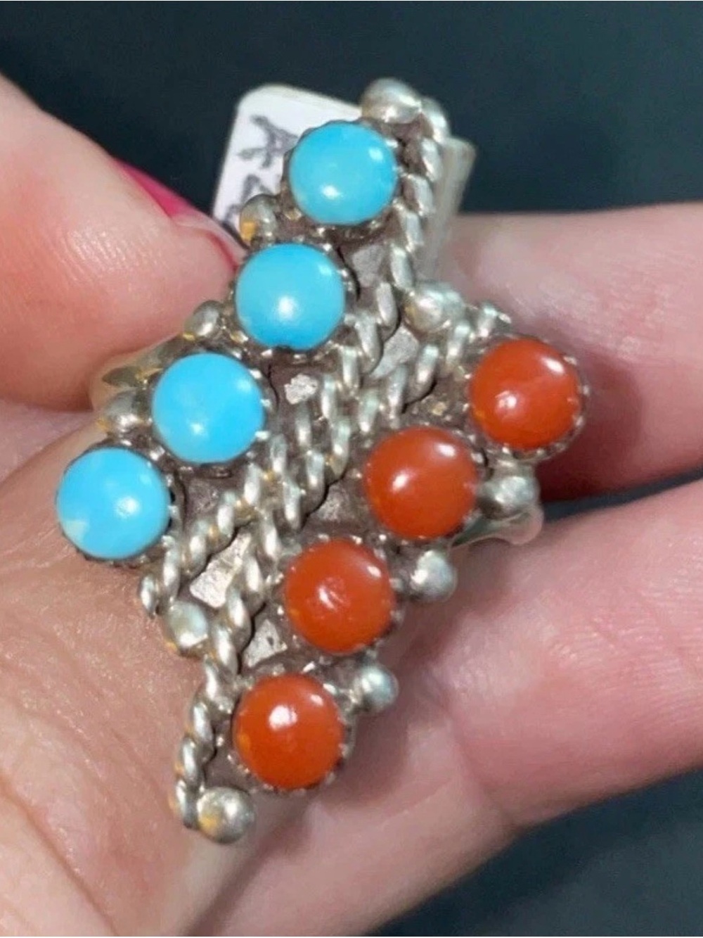 Vintage Zuni Signed E. Wyaco size 7.5 Sterling Ring with Turquoise and Coral